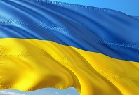 Das Bild zeigt die Flagge der Ukraine in gelb und blau.