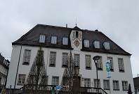 Das Bild zeigt das Rathaus mit einer grün-weißen Friedensfahne.
