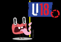 Symbolbild U18-Wahl, Fantasiewesen mit heraushängender Zunge und großen Augen, die Zunge umwickelt ein Schild, auf dem Schild steht U18 